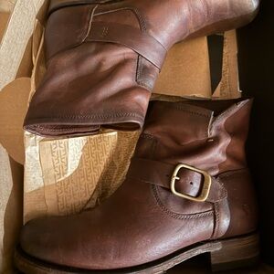 Frye Dark Brown Leather Buckle Ankle Booties